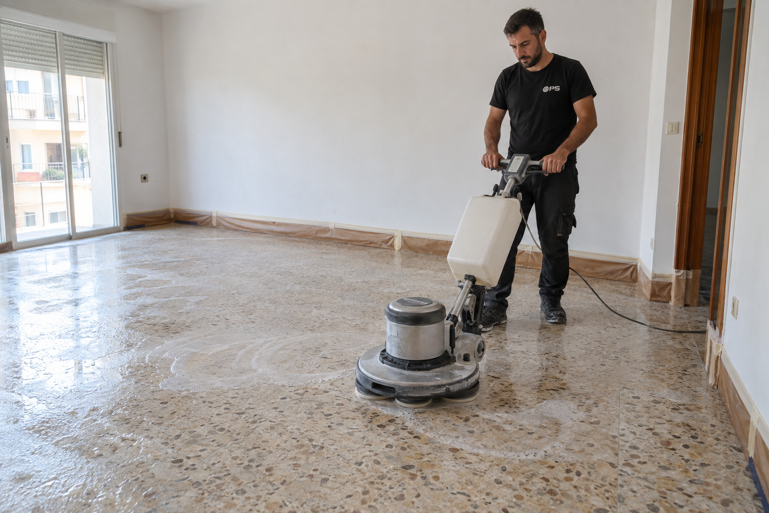 Proceso profesional de pulido de suelo de terrazo en Valencia