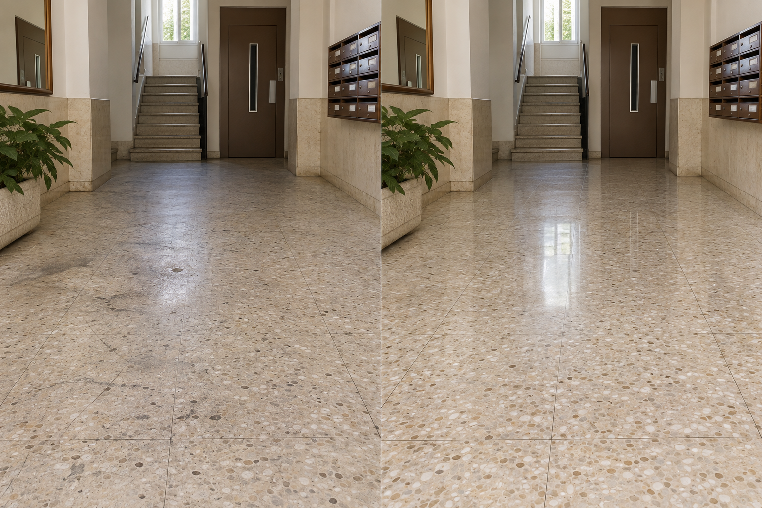 Comparación antes y después del pulido de un suelo de terrazo