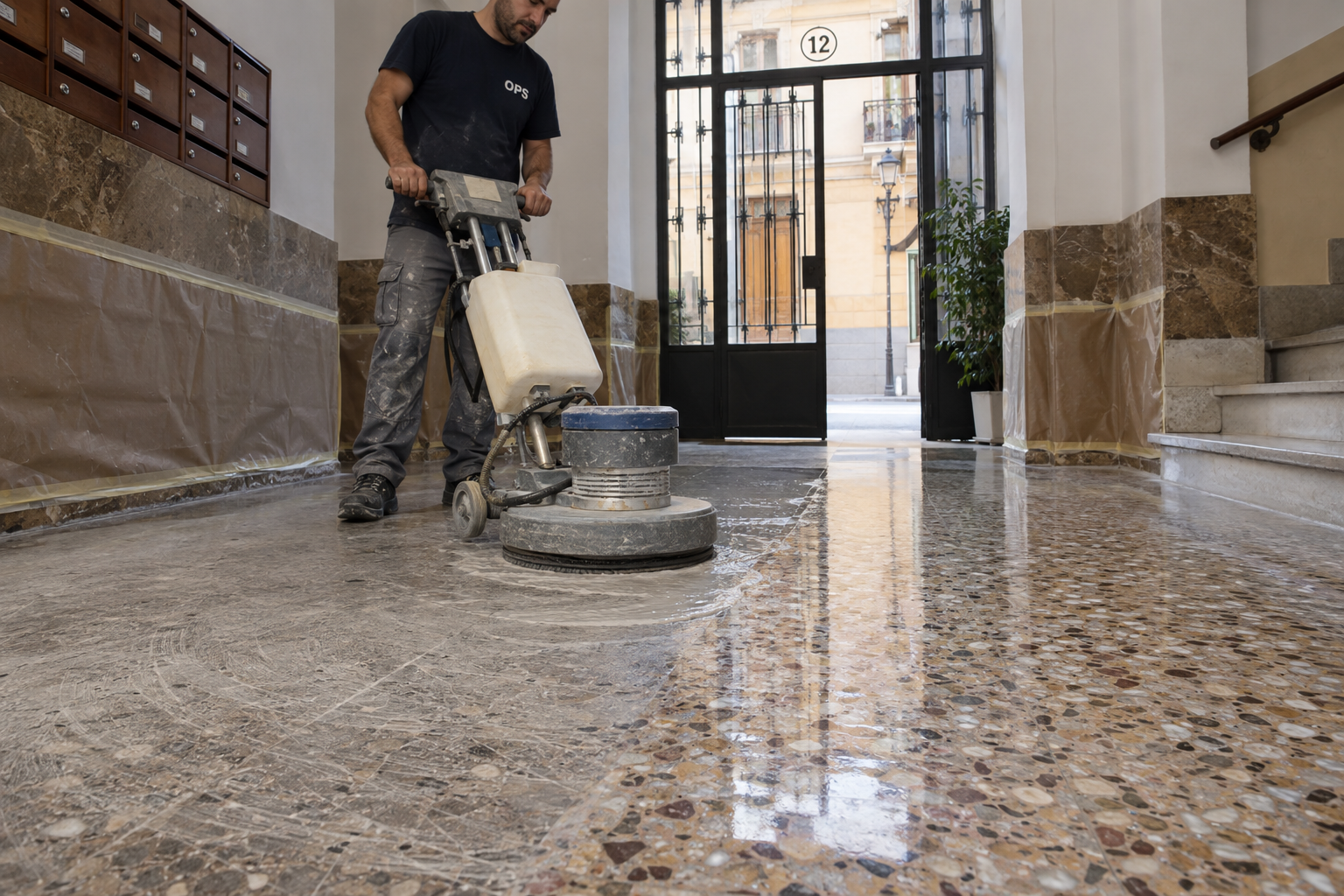 Pulido en húmedo de terrazo con maquinaria compacta