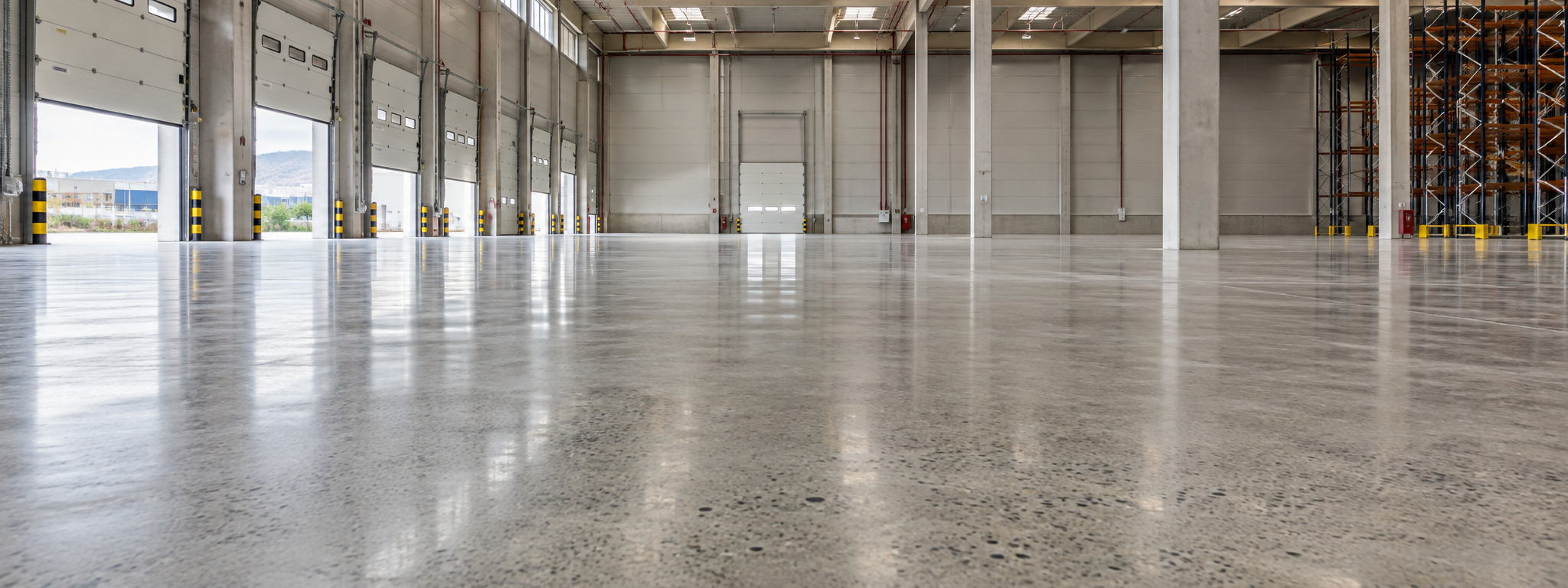 Nave industrial con pavimento de hormigón pulido acabado litio