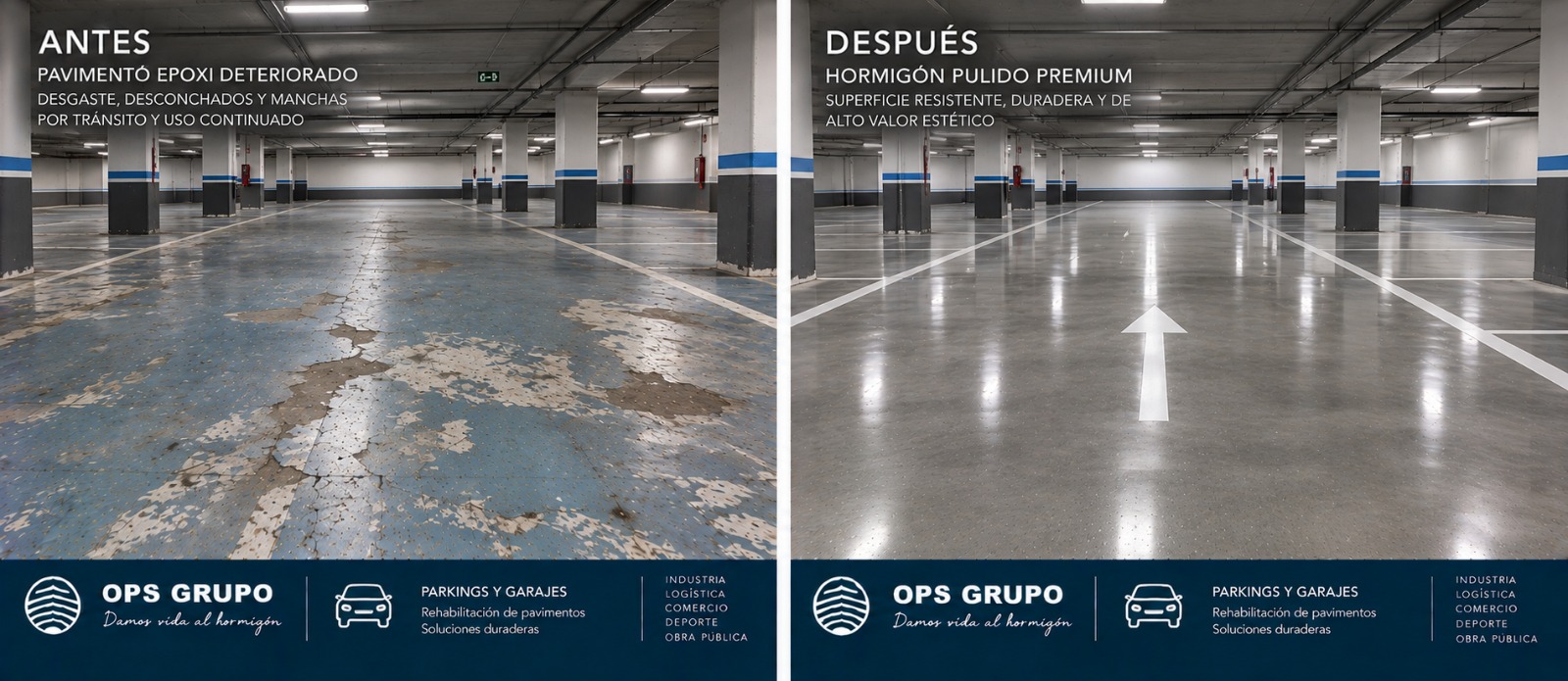 Antes y después de hormigón pulido en un garaje